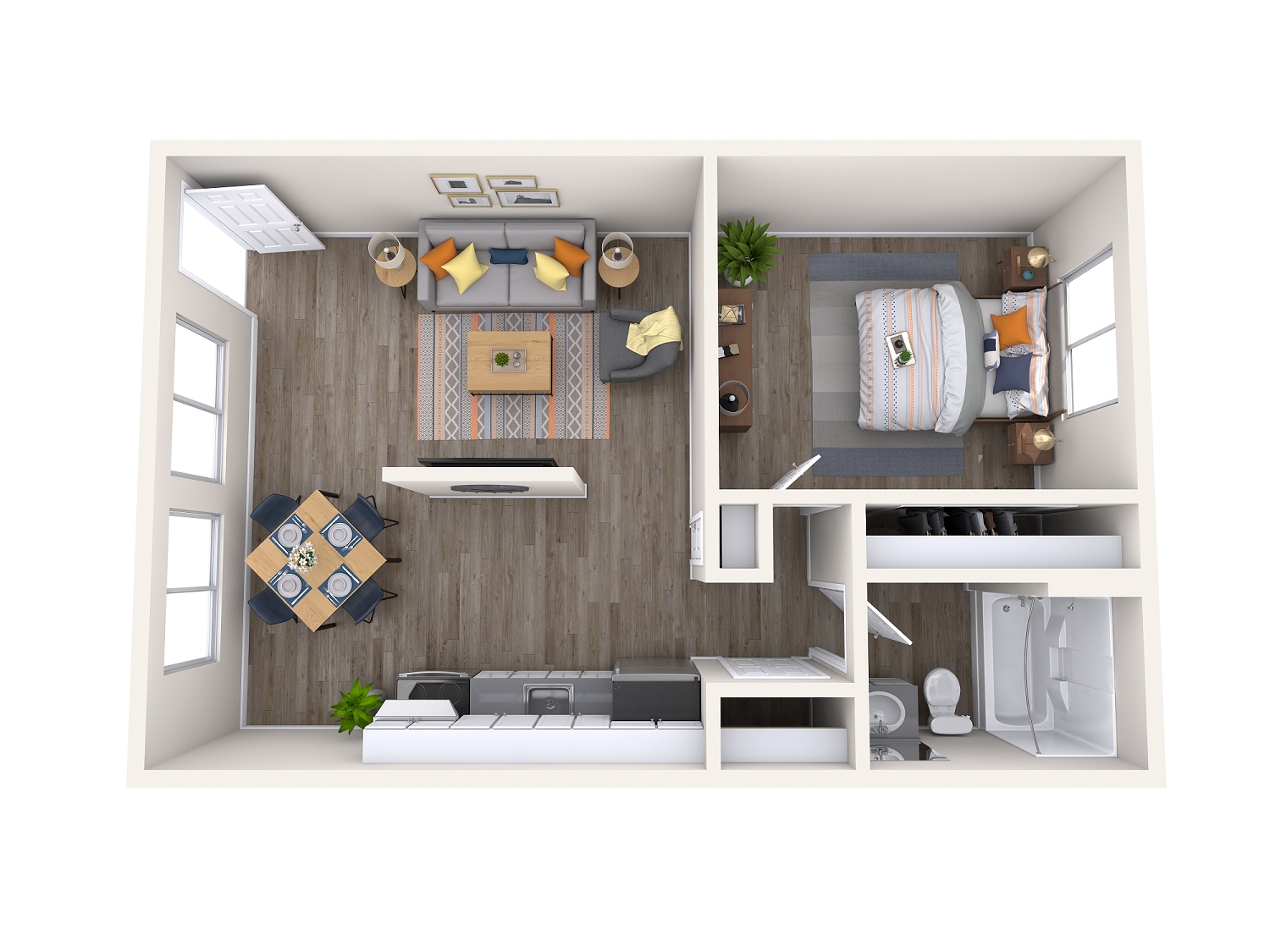 Floor plan for 1 bed, 1 bath, 600 sqft